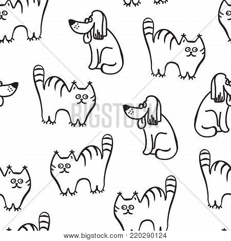 Scetched doodle black and white seamless pattern with cats. Emoticat collection hand drawn imitation. Prankster pet  illustration