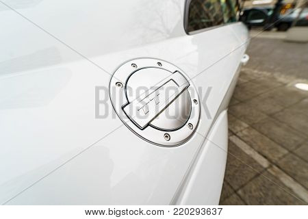 BERLIN - DECEMBER 21, 2017: Showroom. Fuel tank cap of the compact sports coupe Audi TT RS. Since 2016.