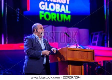 Moscow, Russia - November 27, 2017: Nassim Nicholas Taleb speaks at Global Synergy Forum 2017. He is a Lebanese-American essayist, scholar, statistician, former trader, and risk analyst