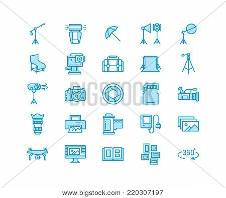 Photography equipment flat line icons. Digital camera, photos, lighting, video photo accessories, memory card, tripod lens film. Pixel perfect 64x64.