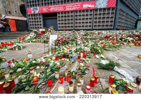 BERLIN - DECEMBER 21, 2017: A memorial sign to commemorate the victims of the terrorist attack on the Christmas market at Breitscheidplatz.