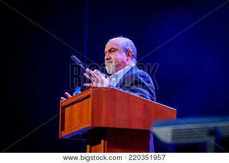 Moscow, Russia - November 27, 2017: Nassim Nicholas Taleb speaks at Global Synergy Forum 2017. He is a Lebanese-American essayist, scholar, statistician, former trader, and risk analyst
