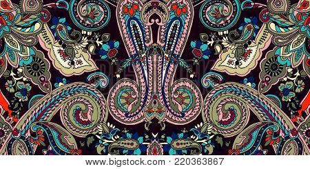 Paisley pattern. Ethnic oriental motif. Vibrant colors on dark purple background. Textile design.