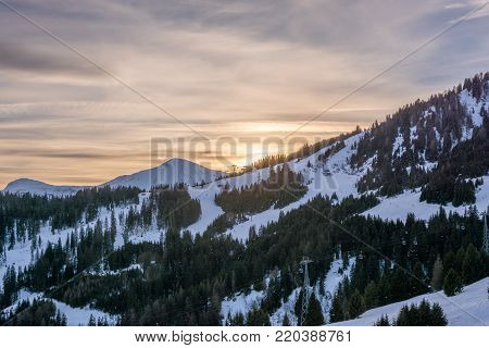 Sunset In Ski Resort Serfaus Fiss Ladis In Austria