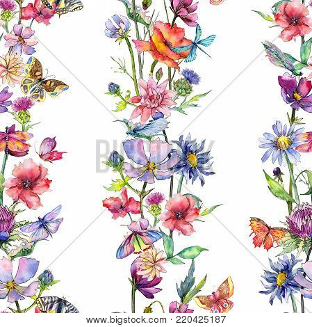 Wildflower thistle flower pattern in a watercolor style. Full name of the plant: thistle. Aquarelle wild flower for background, texture, wrapper pattern, frame or border.