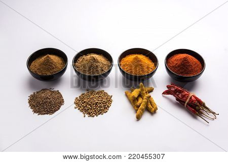 Indian colourful spices. Group photo of four basic Indian spices like raw red chilli, turmeric, coriander and cumin powder. selective focus