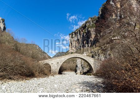 Amazing landscape of Bridge of Missios in Vikos gorge and Pindus Mountains, Zagori, Epirus, Greece