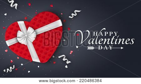 Happy Valentines day red romantic banner. Gift from the heart. Red gift box with a white bow on a dark background. Background for your design. Confetti and ribbons. Vector illustration.