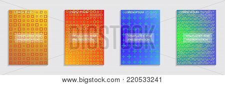 Vector journal design geometric shape background set, halftone lines hipster pattern abstract covers collection.