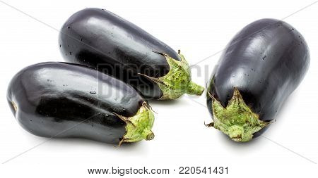 Three whole eggplants (aubergine) isolated on white background