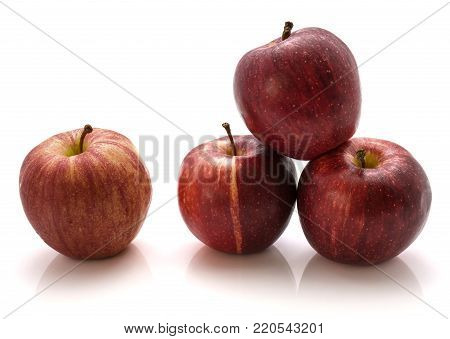 Four whole Gala apples isolated on white background