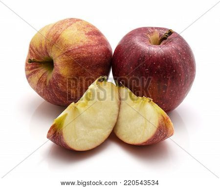 Gala apples, two whole, slices, isolated on white background
