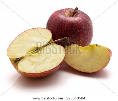 Gala apple, one whole, cross section half, slice, isolated on white background