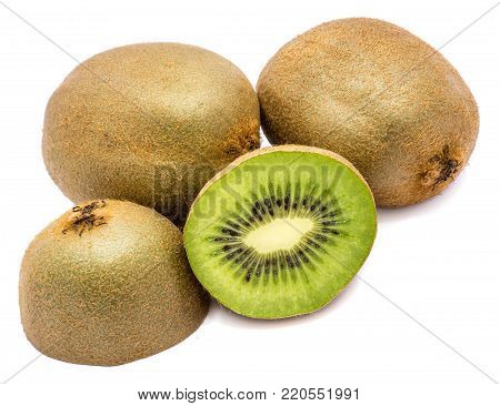 Sliced kiwi fruit (Chinese gooseberry), two whole and two halves, isolated on white background