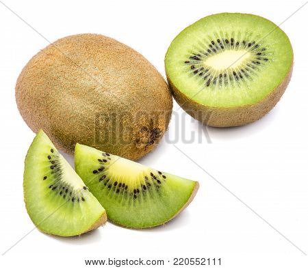 One whole kiwi fruit (Chinese gooseberry), one half and two slices isolated on white background