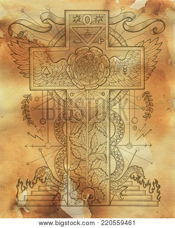 Scrapbook design background with mystic rose and cross symbols. Freemasonry and secret societies emblems, occult and spiritual mystic drawings. Tattoo design, new world order
