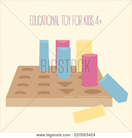 Colored wooden geometric forms pegboard game. Educational learning montessori toy for kids 4 and above age. Match geometrical forms in holes. Cylinder, square and triangles. Vector illustration