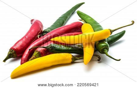 Heap of whole Chili peppers isolated on white background