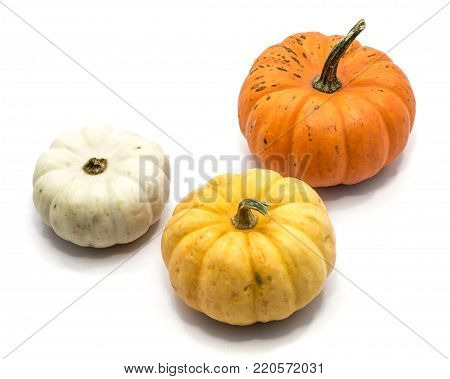 Three whole colorful pumpkins (orange, yellow, white) isolated on white background