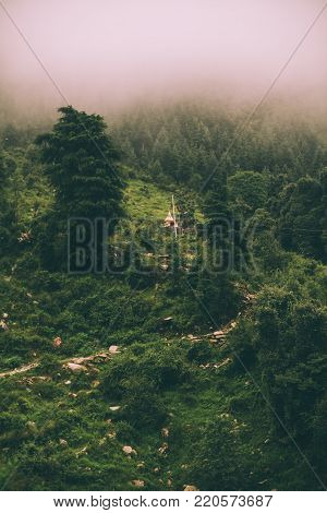 beautiful scenic mountain landscape in fog, Indian Himalayas, Dharamsala, Baksu
