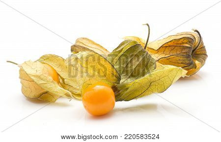 Physalis isolated on white background berries stack and one orange berry