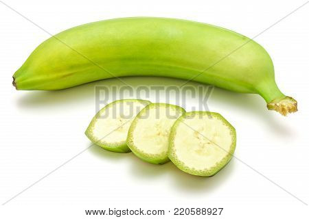 One whole and sliced plantain isolated on white background three rings