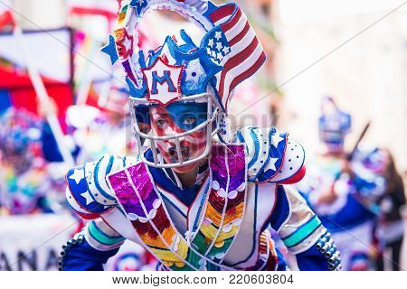 Badajoz, Spain, sunday. February.26. 2017 Participants in colorful costumes take part in the carnival parade in Badajoz 2017