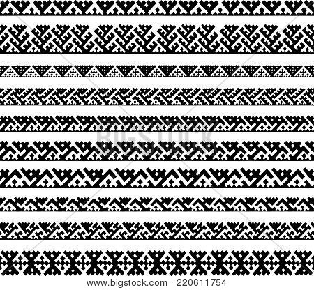 Hand drawn Siberian folk geometric print with tribal motifs of mansi people in black and white. Hand drawn ethnic ornament.