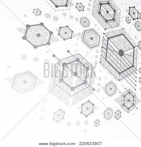 Bauhaus art dimensional composition, perspective grayscale modular vector backdrop with honeycombs. Retro style pattern, graphic backdrop for use as booklet cover template.
