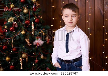 Little boy. Beautiful portrait. Christmas interior. Brown background.