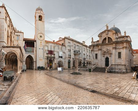 Stradun street at old part of the city early in the morning. Dubrovnic, Croatia. Fortification.