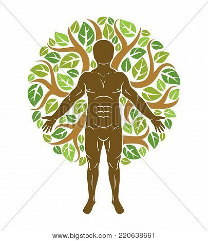 Vector athletic man created using organic green tree leaves. Downshifting and ecotourism concept illustration.