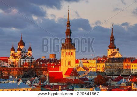 Aerial view of the old town and Toompea hill at dawn. Tallinn. Estonia.