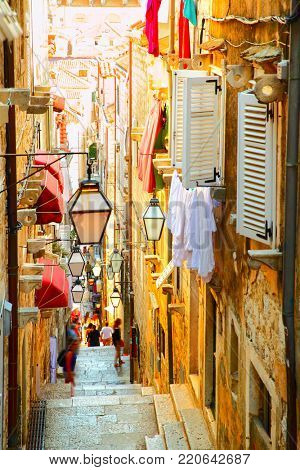 Medieval street in old town of Dubrovnik, Croatia