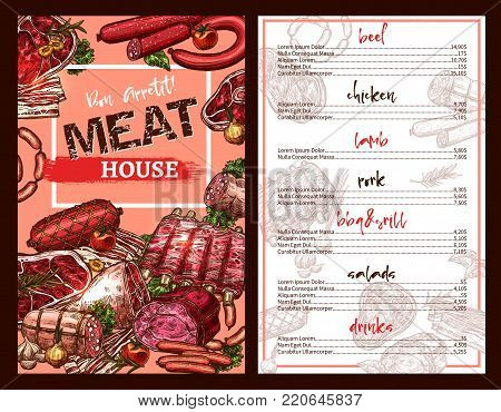 Meat house restaurant menu template with prices for delicatessen dishes and sausage food. Vector sketch design of pork ham or bacon, grill chicken and barbecue beef steak or lamb brisket salad