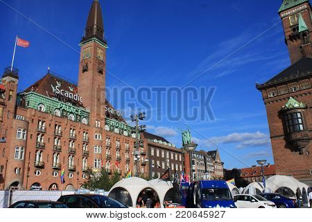 Copenhagen: Aug 21, 2017 - View On Amasing Copenhagen City Hall And Scandi Hotel In Denmark.