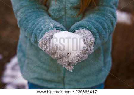 Female Wearing Fluffy BlueCoat, Grey Mittens, and Holding a Snowball