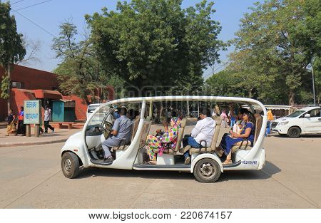 Agra India - October 23, 2017: Unidentified People Take Free Shuttle Bus To Taj Mahal At Shilpgram I