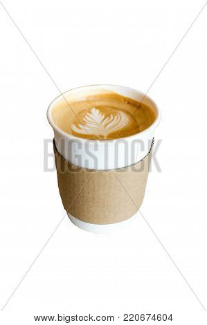 Hot latte coffee with latte art in take away cup isolated on white