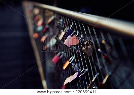 Heart shaped padlock on bridge on valentines day in Munich Germany