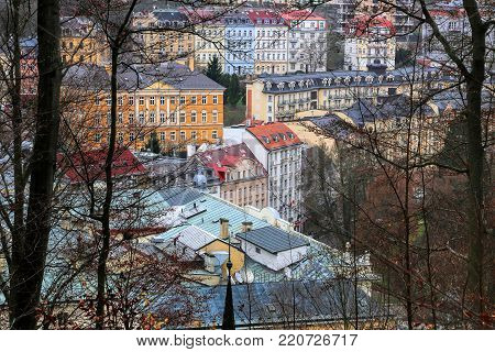 Cityscape of Karlovy Vary (Karlsbad) from the hill , Famous Spa in the late autumn time, Czech Republic