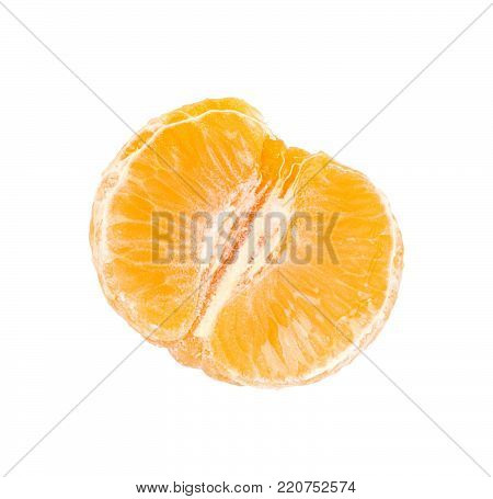 One ripe bright orange peeled half of a mandarin isolated on white background