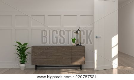 Cabinet in front of white wall with decorative items in vintage empty room,open door,3drendering luxury living room modern mid century room interior home design