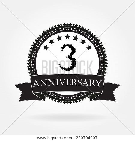 3 years anniversary template with ribbon. 3th celebration emblem or icon. Vector illustration.