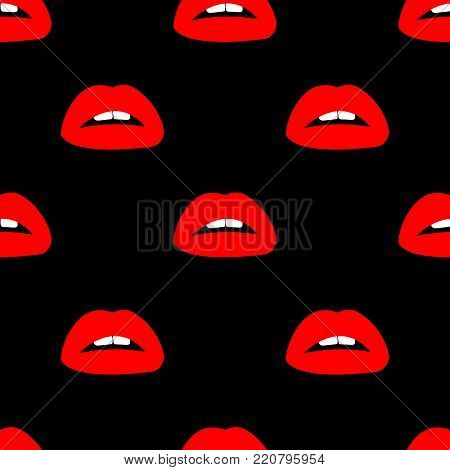 Cosmetics And Makeup Seamless Pattern. Closeup Beautiful Lips Of Woman With Red Lipstick On Black Ba