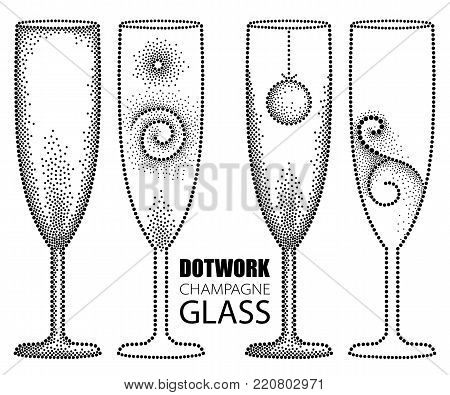 Vector set with dotted champagne glass or flute in black isolated on white background. Drawing of transparent champagne glass for wine, winery and restaurant design in dotwork style.