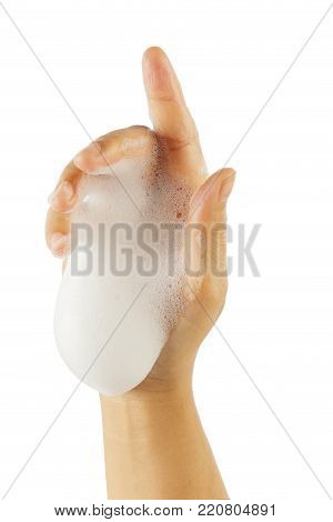 Female's hand with white foam isolated on white background, clipping path.