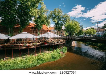Vilnius, Lithuania - July 5, 2016: Street Cafe Near In Uzupis Located In Old Town Of Vilnius. District Of Vilniaus Senamiestis.