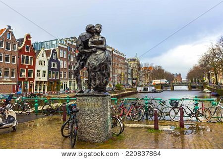 Amsterdam, Netherlands - December 14, 2017: Monument to Gerbrand Adriaenszoon Bredero at Amsterdam, Netherlands on December 14, 2017. He was a Dutch poet and playwright in the period known as the Dutch Golden Age.