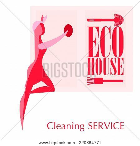 She does the cleaning. Stylized image. Apply for commercial cleaning companies, cleaning items. Eco-house.